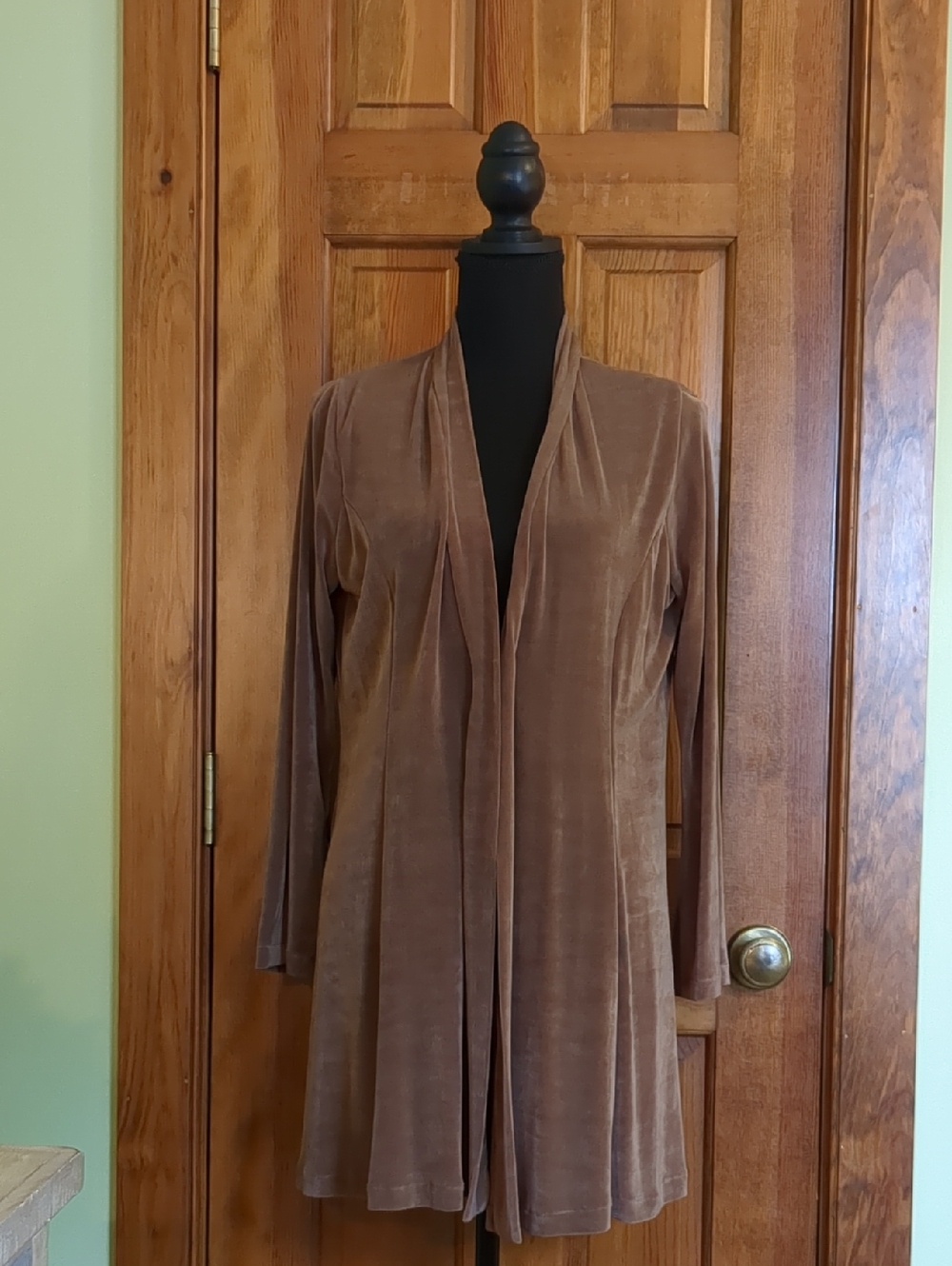 Alicia Mugetti Designer Piece Open-Front Long Cardigan in Taupe